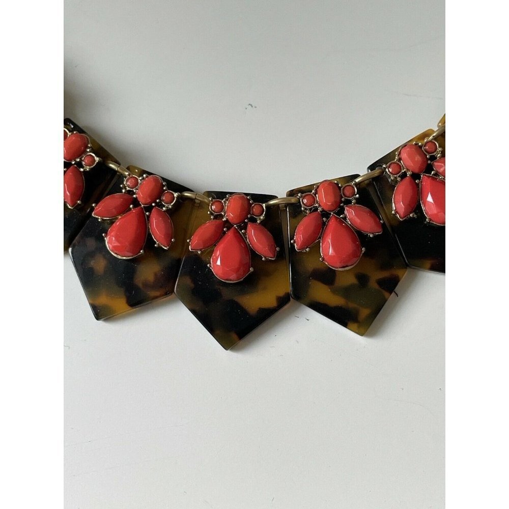 J. Crew Tortoise Shell Lucite Red Gemstone Necklac - image 2